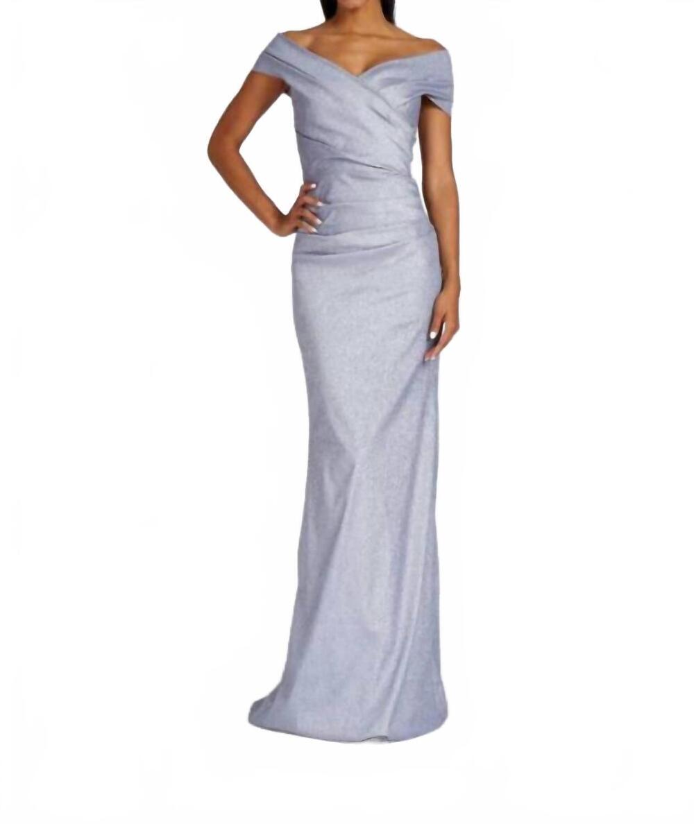 NEW TERI JON metallic ruched gown in platinum